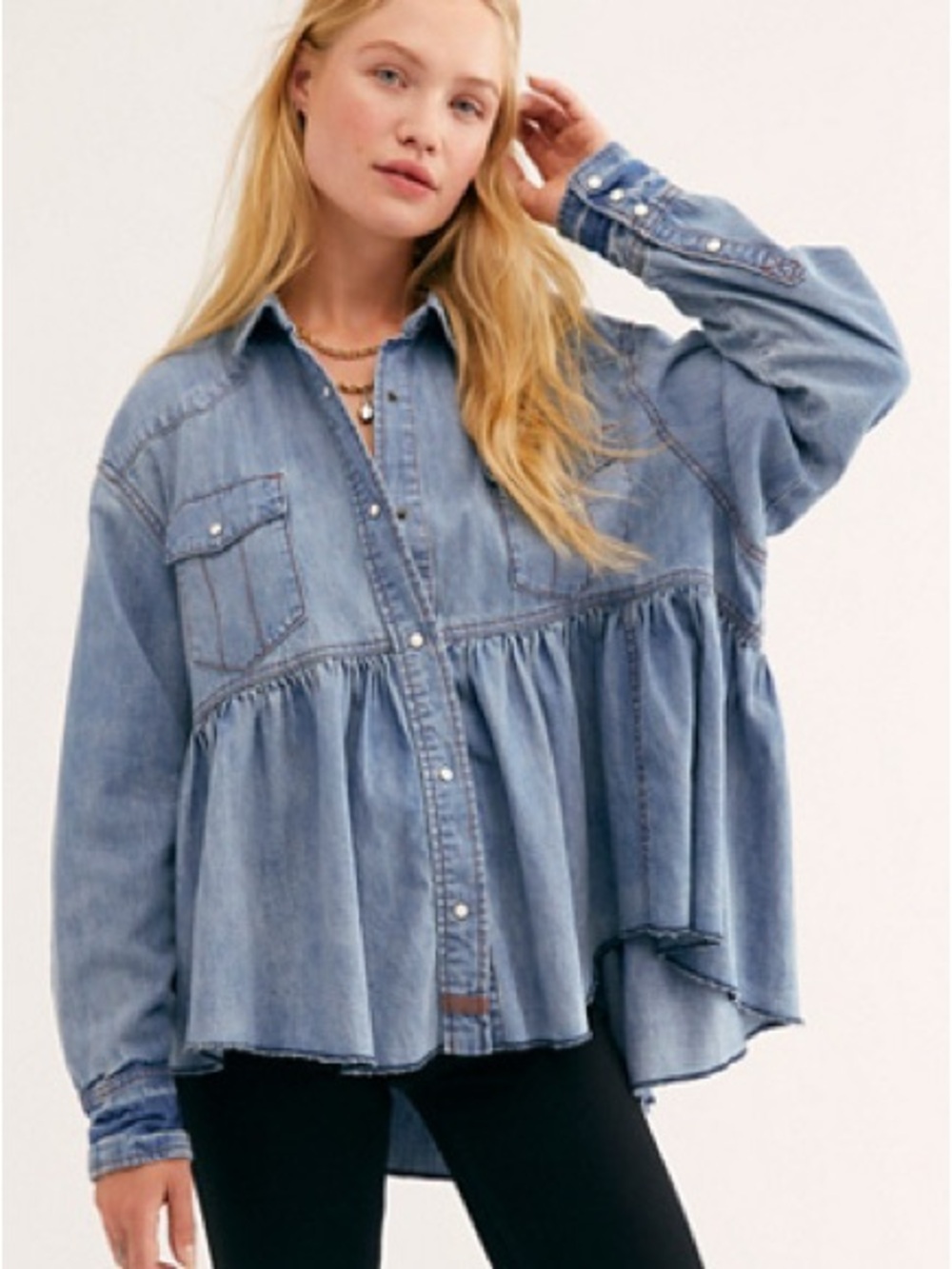 Free people We The Free Light Blue Denim Button-Down Peplum Shirt